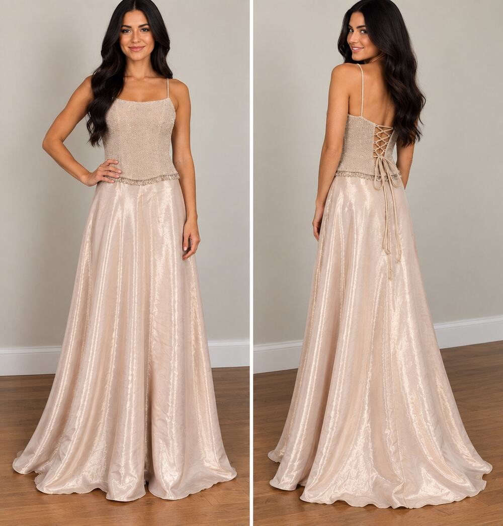 Betsy & Adam Size 4 Champagne Beaded Glitter Formal Evening Gown Lace-Up Back